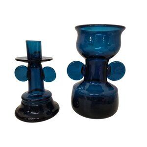 Blue Art Glass Vase & Candlestick Boda Afors Bertil Vallien Sweden
